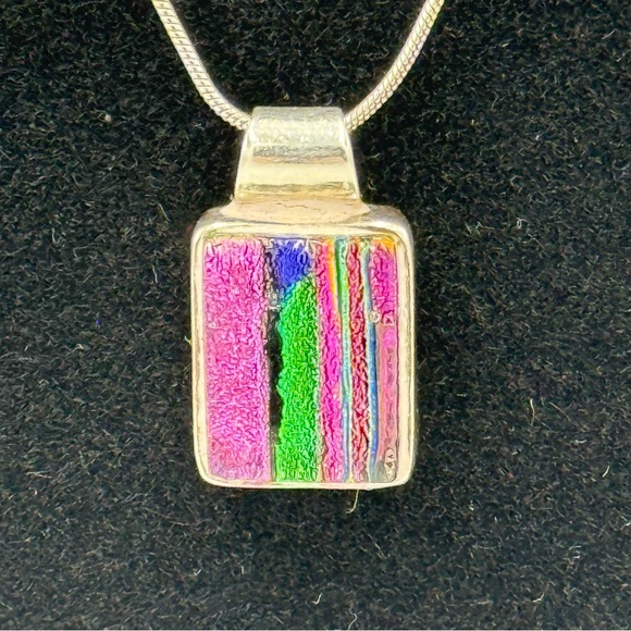 Vintage Retro Dichroic Glass Pendant and Necklace | 925 Sterling | Snake Chain - Picture 1 of 8